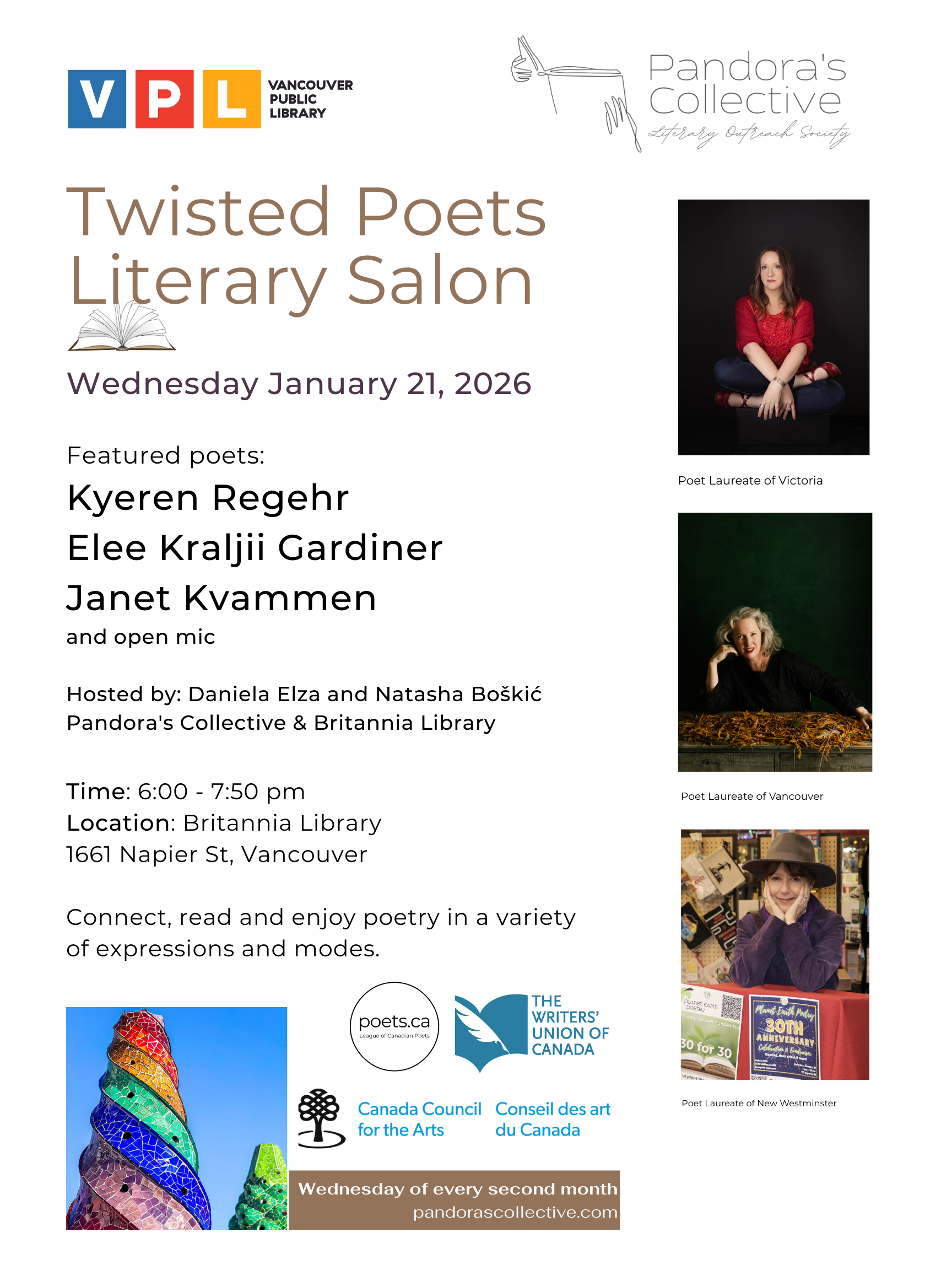 Pandora’s Collective Presents TWISTED POETS LITERARY SALON with three poets laureate: Wed, Jan 21, 2026